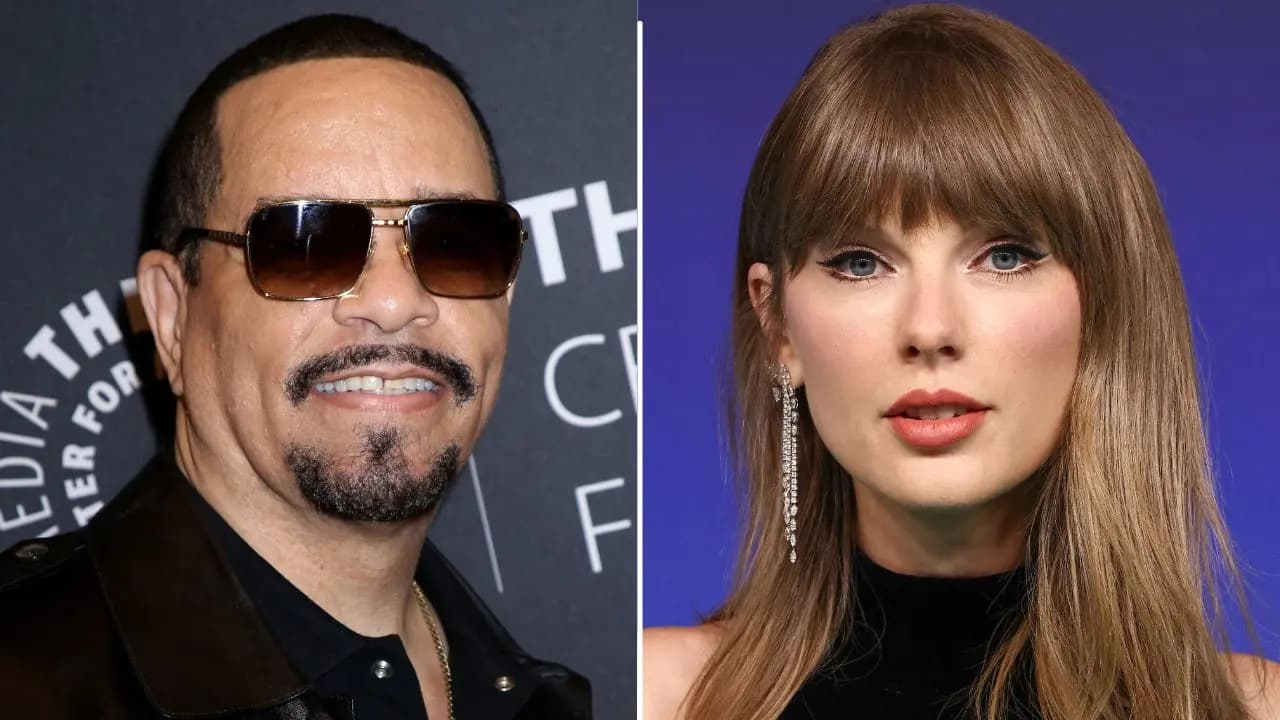 Taylor Swift with her cat Olivia Benson, standing beside Ice-T on a red carpet.