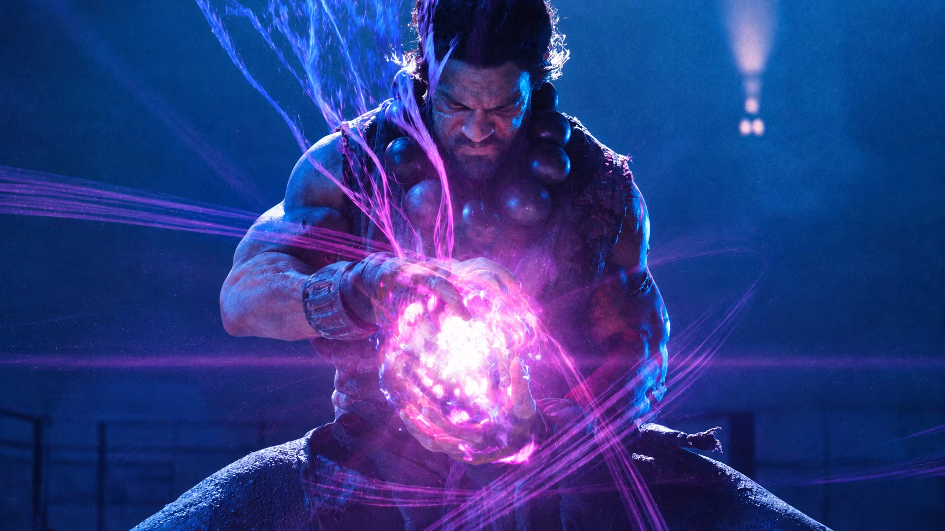 Jason Momoa as Blanka standing in a storm, lightning crackling around him, face half-lit in shadow.