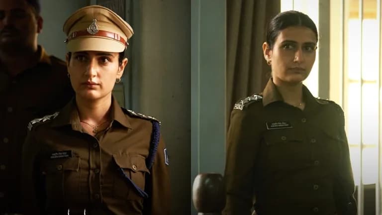 Fatima Sana Shaikh in a police uniform, staring ahead with intensity, in a scene from Hunkkaar: The Roar
