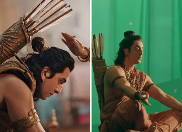 Ranbir Kapoor in Lord Rama costume, standing with a bow, surrounded by crew on the Ramayana set.