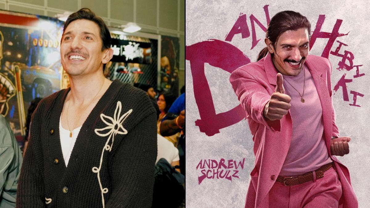 Andrew Schulz in a still from the 2026 Street Fighter movie, grinning mid-punch.