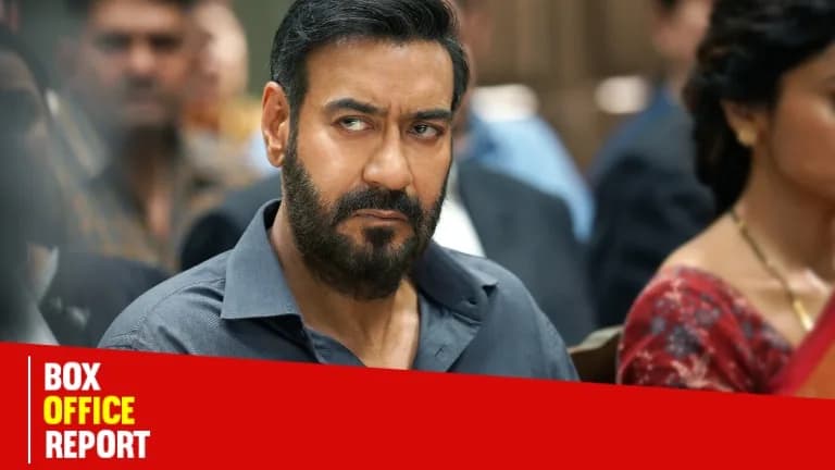 Ajay Devgn in a tense expression, standing against a dark background, with the Drishyam 3 logo glowing faintly behind him.