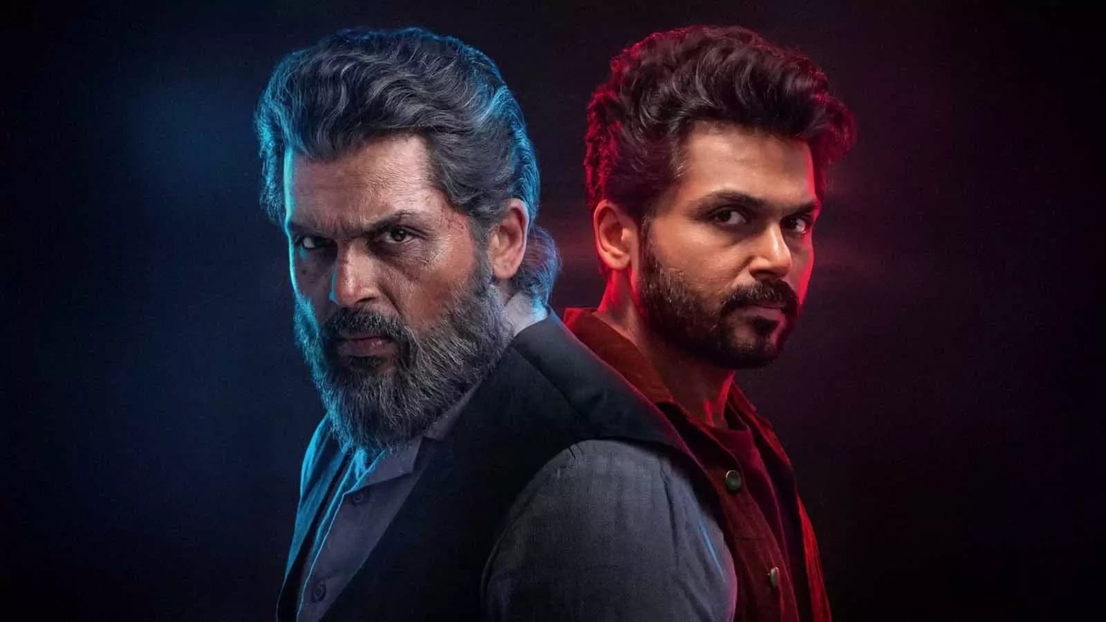 A promotional poster of Sardar 2 featuring Karthi in a tactical outfit, standing against a dark cityscape.