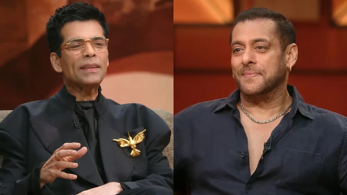 Salman Khan on Koffee With Karan 9, seated opposite Karan Johar and Karisma Kapoor, looking serious.
