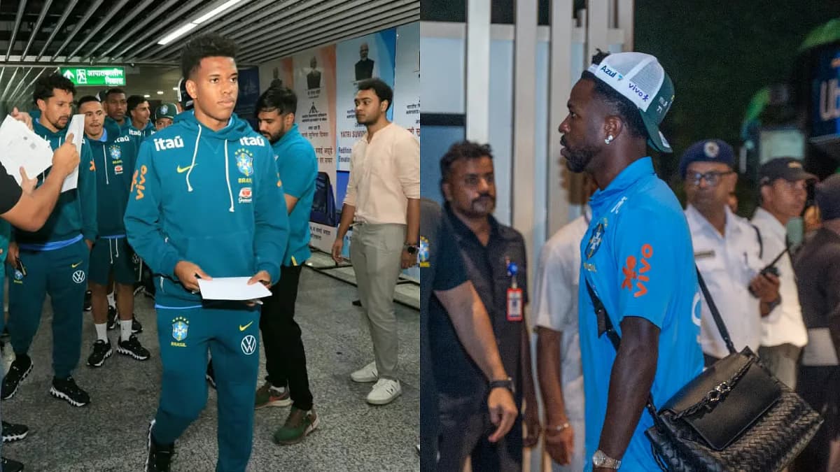 Brazilian football stars arriving at Kolkata airport, greeted by crowds and security.