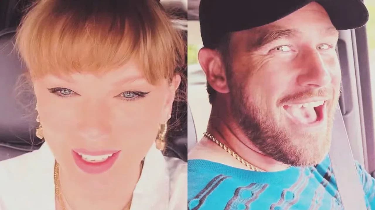 Taylor Swift and Travis Kelce in a car driving through Cleveland Heights, Ohio, as seen in the ‘Cleveland!’ lyric video