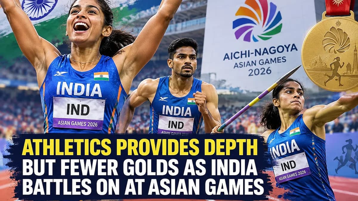 Indian women's 4x400m relay team celebrating on the track at the 2026 Asian Games in Nagoya.