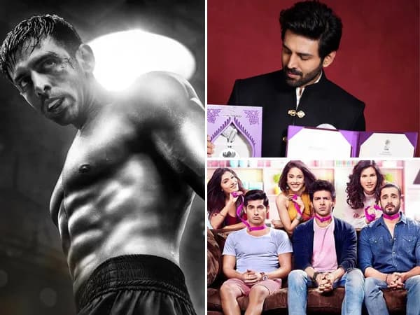 Kartik Aaryan in a powerful pose, wearing a prosthetic leg, as Murlikant Petkar in Chandu Champion