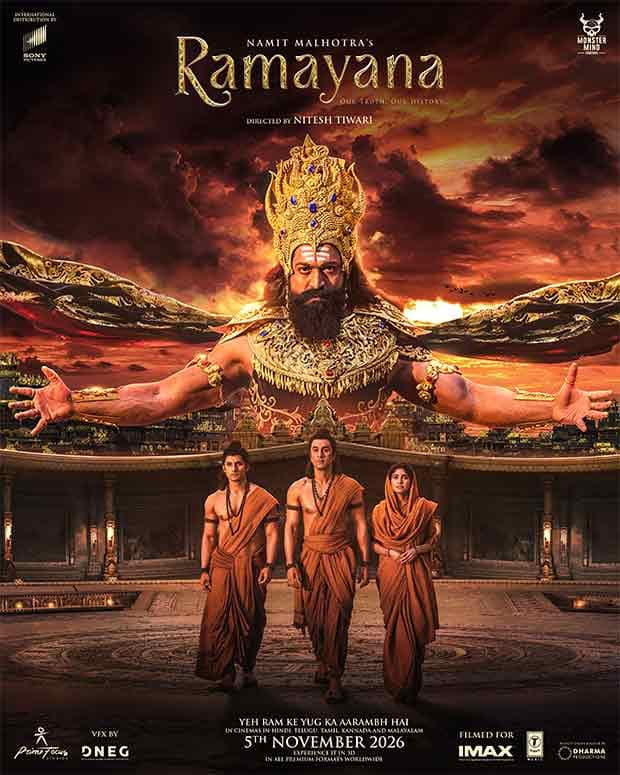 New poster of Ramayana featuring Ranbir Kapoor as Lord Rama, Sai Pallavi as Sita, Ravie Dubey as Lakshman, and Yash as Ravana