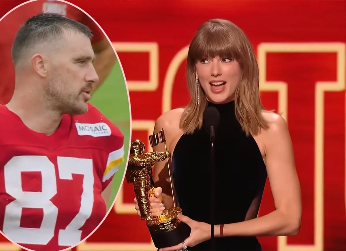 Taylor Swift on the VMA stage receiving the Video of the Year award, with a screen showing Travis Kelce's supportive Instagram likes.